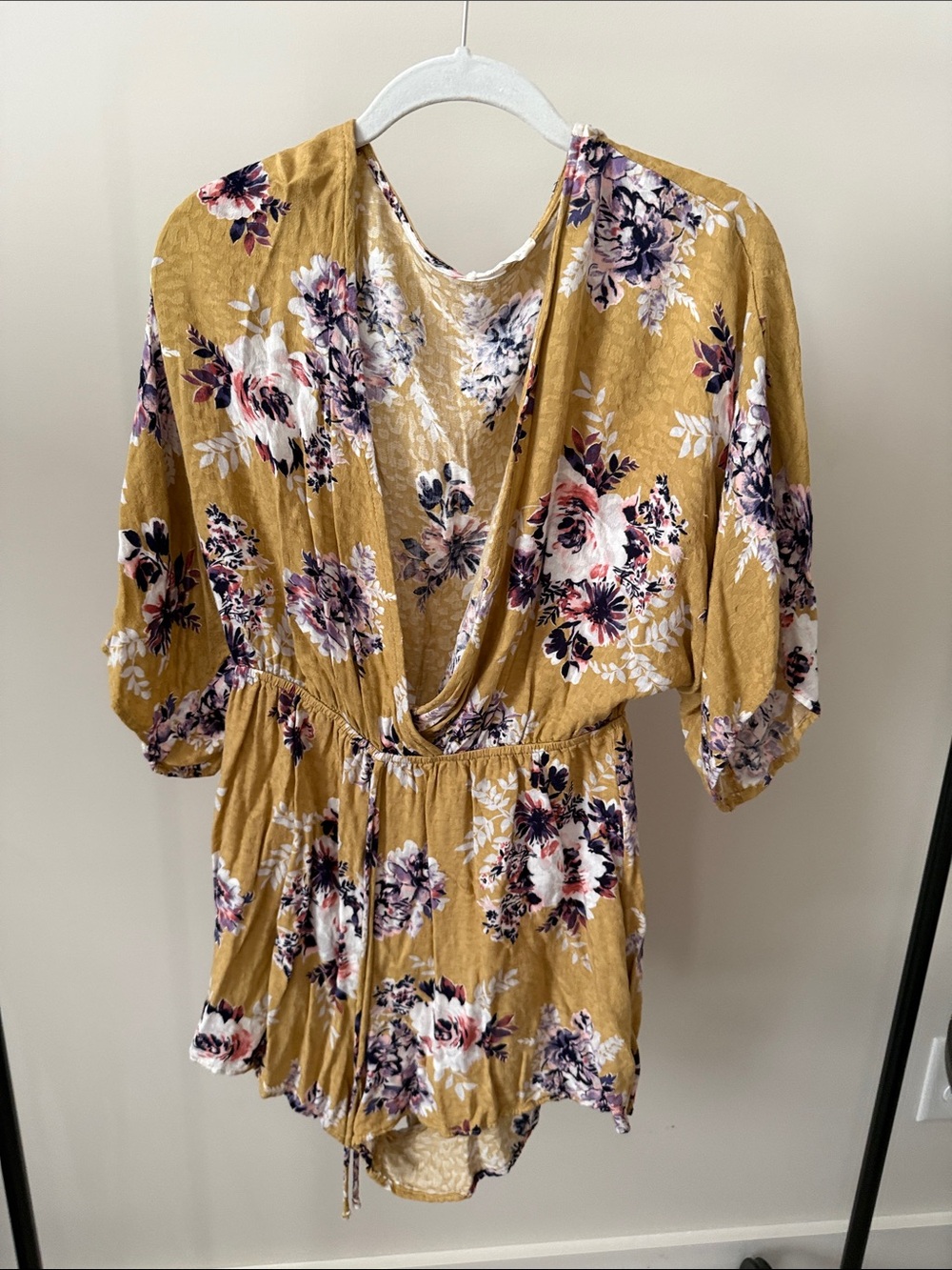 Millibon Mustard Floral Wrap-Front Romper
